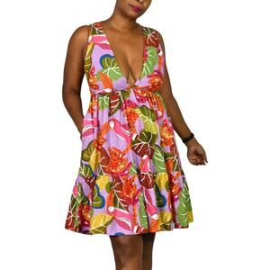 House of Harlow Tropical Print Linen Dress Purple Toucan Open Back Halter XS